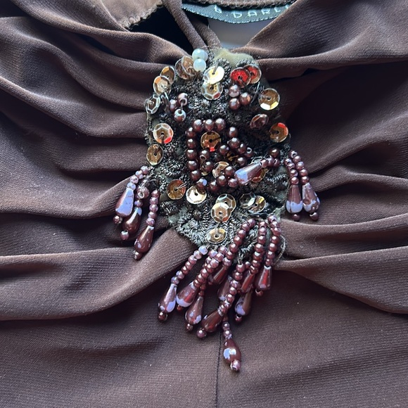 vintage 90s brown midi halter dress with beaded embroidered detailing, size 5/6 - Picture 4 of 6